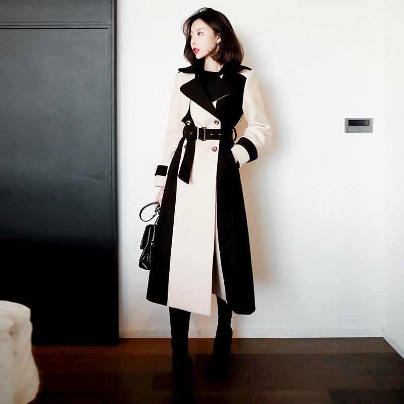 Trench-Coat en Tweed épais et pour femme, pardessus en laine, Double boutonnage, Patchwork, manches longues, coréenne, automne hiver: M