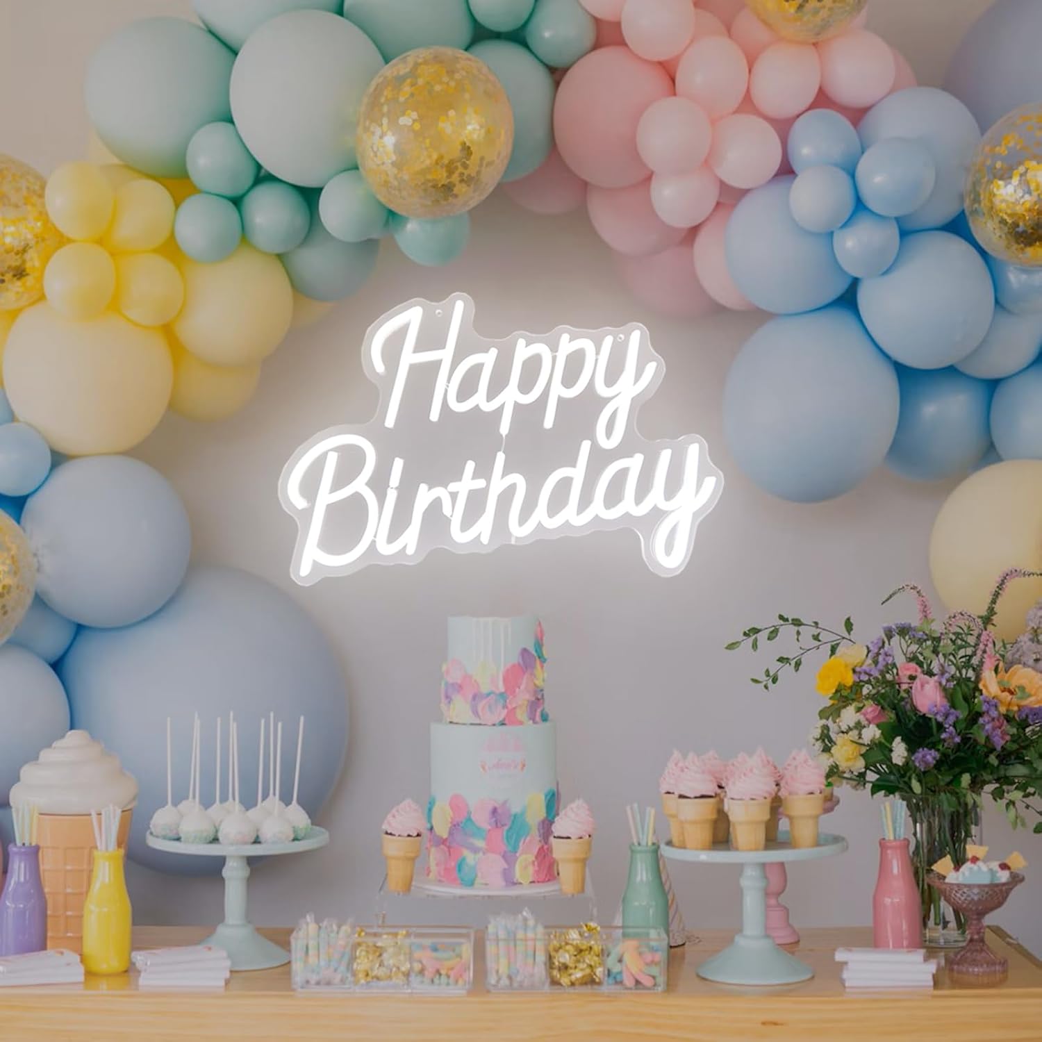 Fondo neón Feliz Cumpleaños LED Luz de letrero luminoso para decoración de