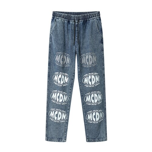 UNCLEDONJM Reflective letter jeans men hiphop high street denim jeans streetwear men graffiti jeans men clothing ED-Y802: Blue / L