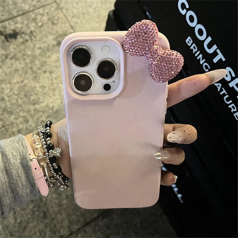 Luksuriøst skinndeksel 15 strass og sløyfe i litchi-mønster til iphone 11 12 13 14 pro max x xs  xr 7 8 pluss støtsikkert mykt deksel: Pp