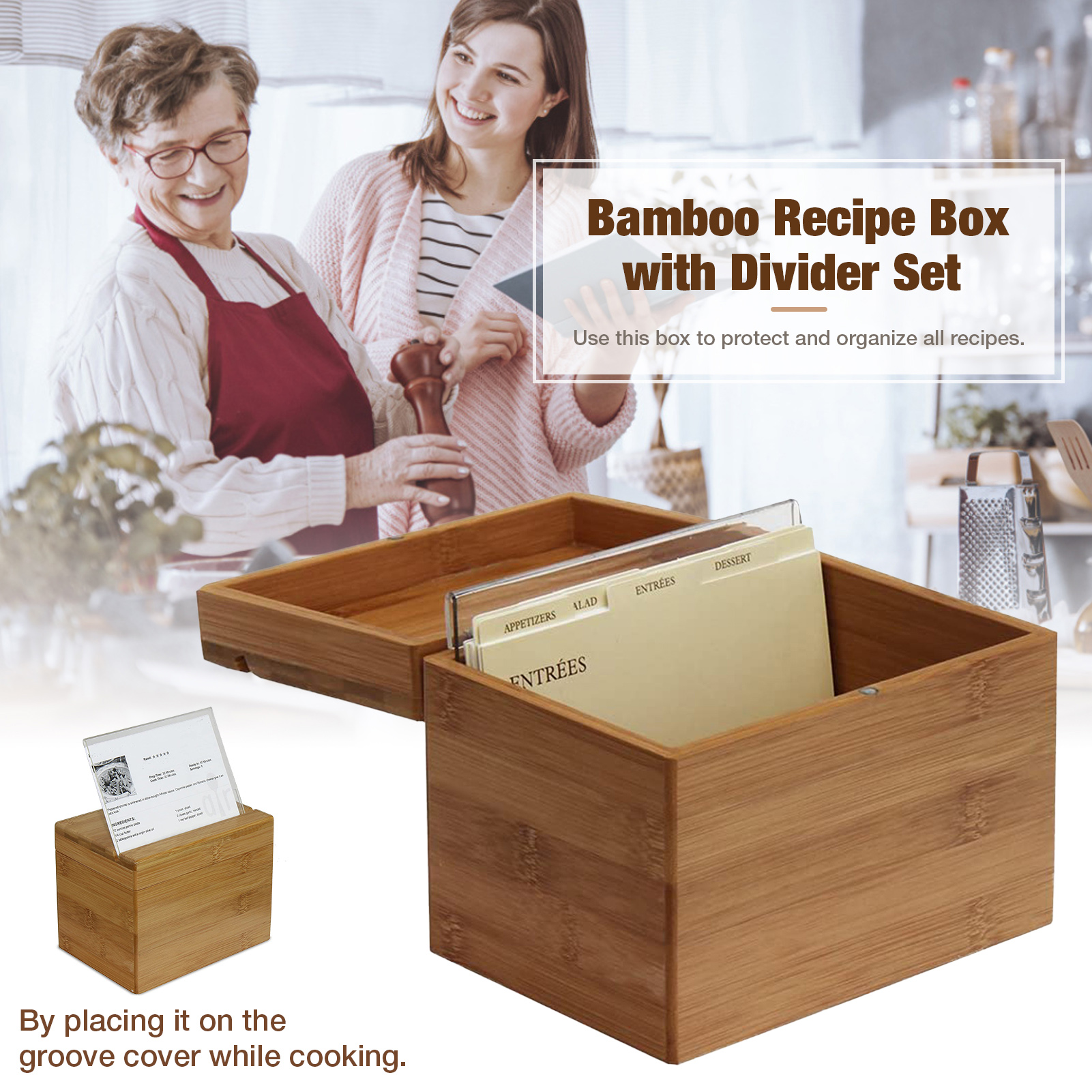 Recipe Storage Box Set Bamboo Recipe Box Wooden Recipe Box With Divider For Kitchen Home Storage