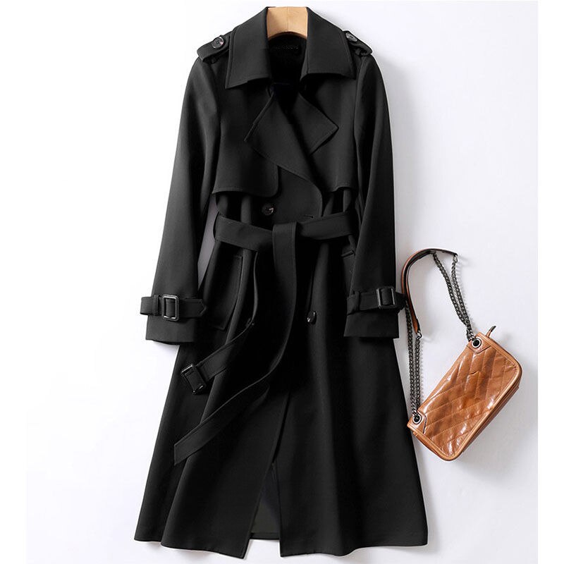 Windjack voor dames, winterjas, koreaanse trenchcoat voor dames, engelse stijl, lange trenchcoat met sjerpen: Zwart / Ik