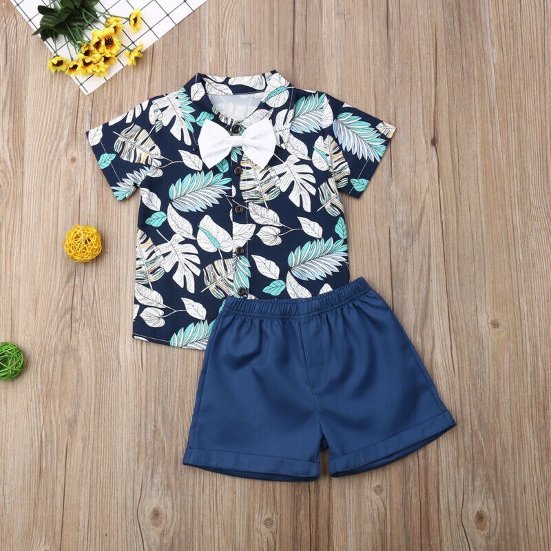 Toddler Baby Kid Boy 2PCS Outifit Set Banana Leaf Print Short T-shirt+Short Solid Pants Gentelman Clothes Set