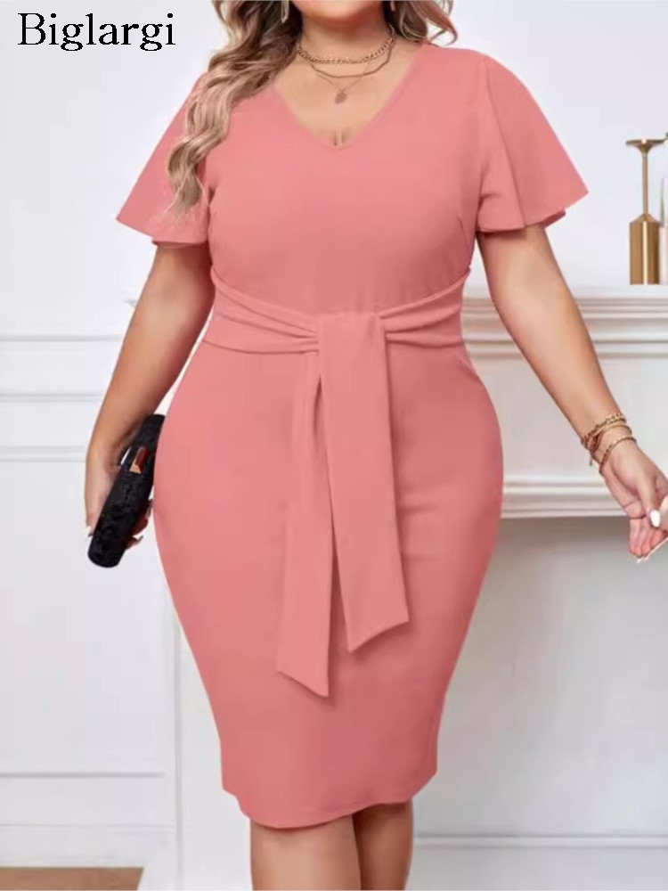 Plus Size Zomer Midi Jurk Vrouwen Roze Elegante Ruche Geplooide Korte Mouw Modis Dames Jurken Slanke Bodycon Vrouw V-hals Jurk