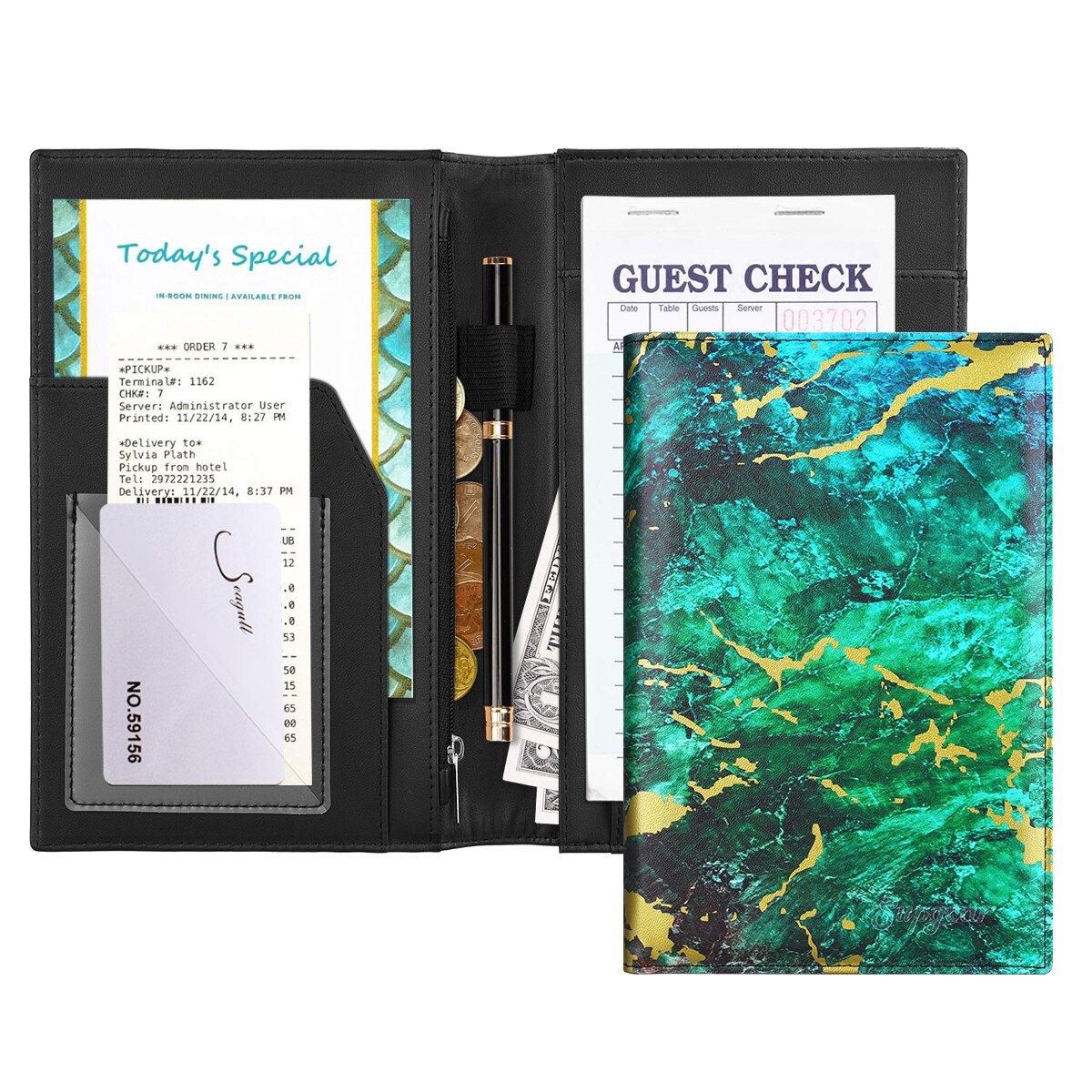 Server Book for Waitress Waiter Marble Style Zipper Pouch with Pen Holder Zipper Pockets ID Checks Holder Receipt Organizer: Army Green