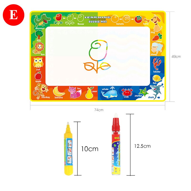 Alfombra de dibujo al agua de 74x49cm con bolígrafo mágico, tablero para garabatos, alfombra para pintar, juguetes educativos para niños: E mat with 2 pen