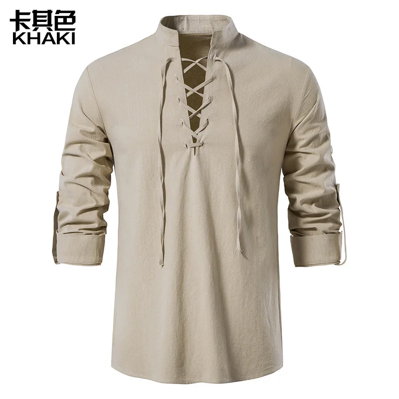 Novos Homens Decote Em V Camisa T-Shirt Moda Vintage Fino Top Manga Longa Homens Casual Respirável Viking Frente Lace Up Ho: XXL / Khaki