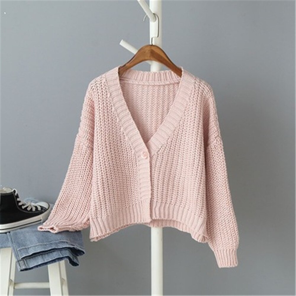 Stickad kofta dam kappa kvinnor casual stickad v-ringad toppar långärmad varm lata vind tröja stickad kappa topp: Rosa