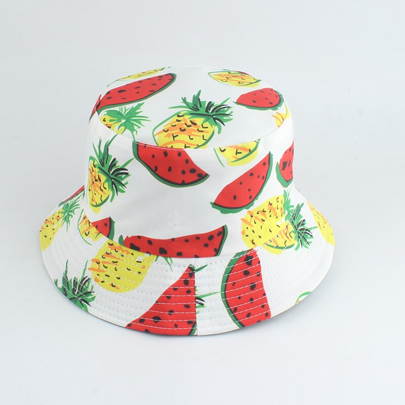 Zomer Zon Hoeden Voor Vrouwen Mannen Panama Emmer Cap Fruit Watermeloen Oranje Banaan Aardbei Gedrukt Visser Hoed: watermelon pineapple