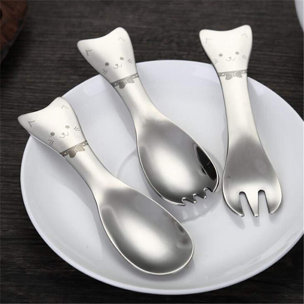 Leuke Mini 304 Roestvrij Staal Cartoon Kat Vorm Ijs Salade Koffie Lepel Vork Kinderen Kids Bestek Set Servies Servies