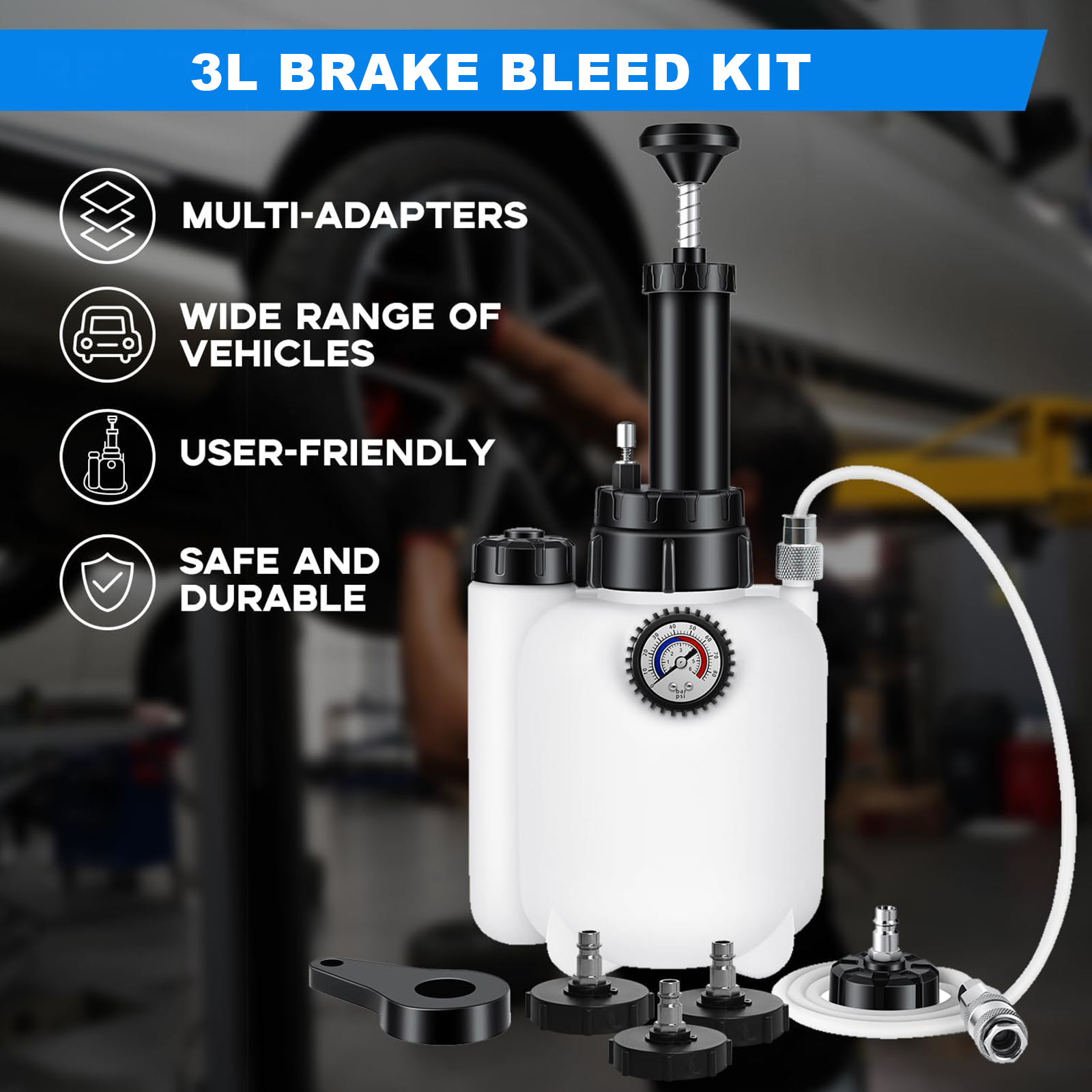 Pot de remplacement d'huile de frein de grande capacité 3L + 1L, outil de remplacement de liquide de frein de voiture, purgeur de liquide de frein avec quatre couvercles