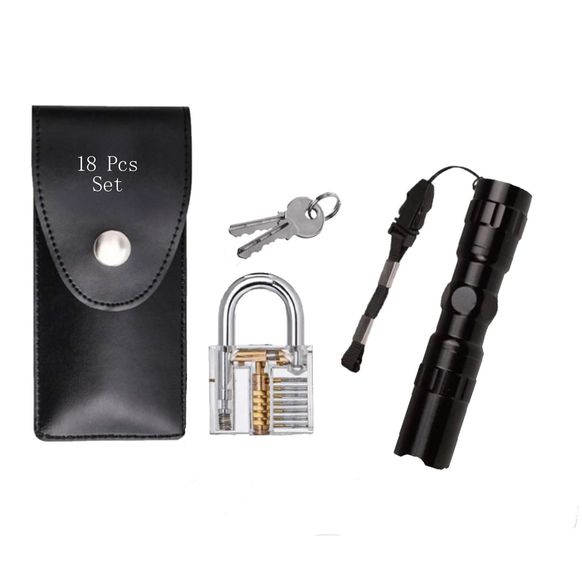 Locksmith Practice Tool Lock Set Training Supplies Kit Multitool with Flashlight & Transparent Padlock: Default Title