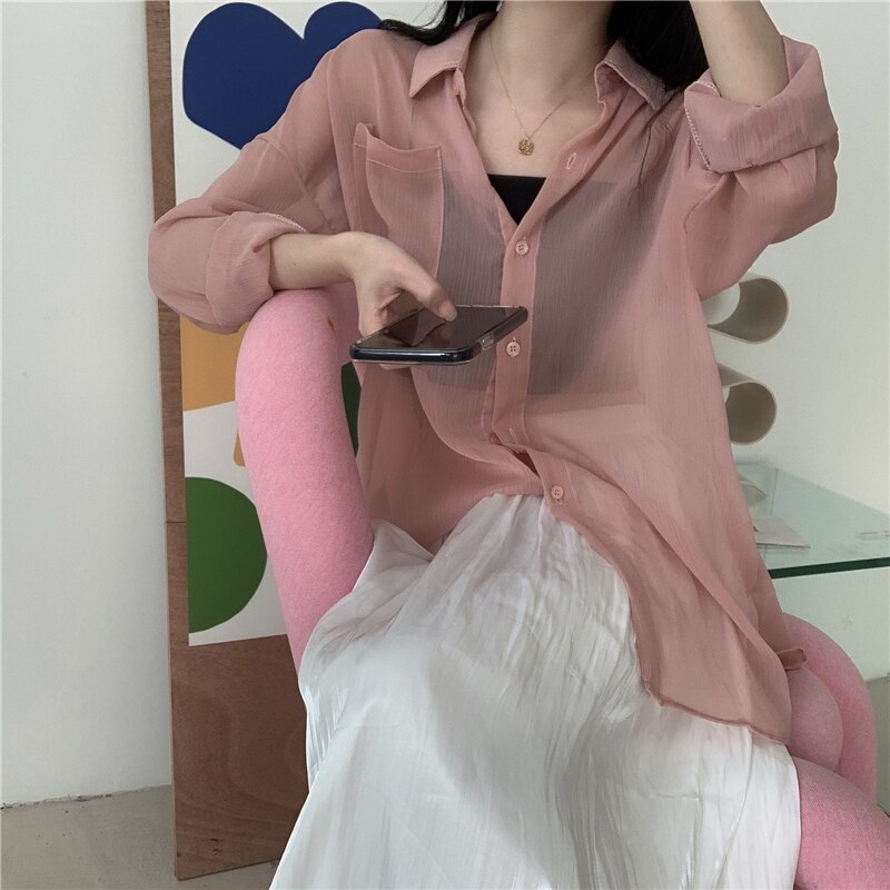 Blusas de mujeres Vintage sólido coreano Chic Sol de verano-prueba básica mujer blusa Top-Encuentro de suave dama camisas