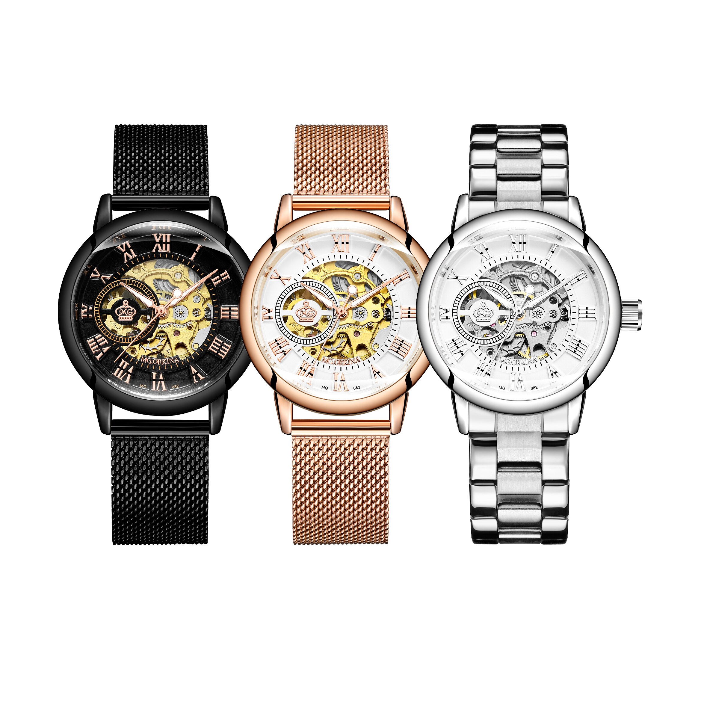 ORKINA Mechanische Frauen Armbinde Uhr Skelett Automatische Armbanduhr Gittergewebe Edelstahl Band Weibliche Uhr schick Reloj Mujer