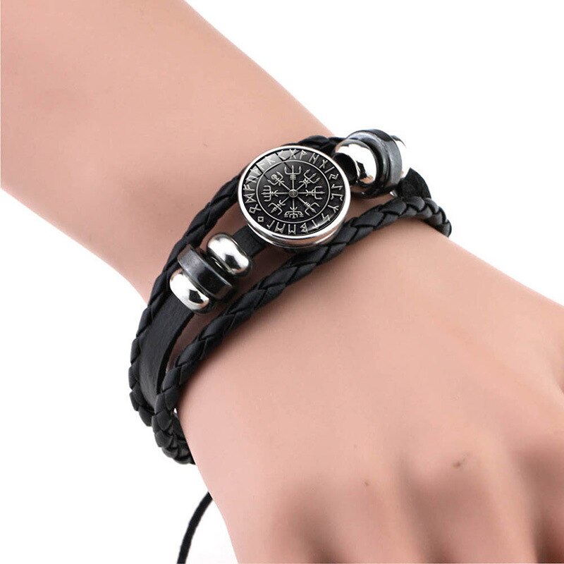 Nordic Viking Compass Bracelet Multi-Layer Leather Bangles Adjustable Length Rope Wrist for Men Boy Jewelry