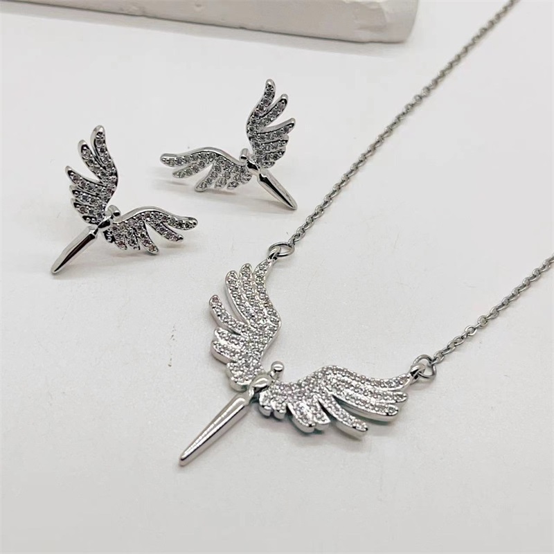 joyas árabes marroquí conjuntos bimba y lola bolsos joyas de Conjunto de collar y pendientes de acero inoxidable con alas de Ángel Micro adornadas, colgante clásico, cadena de clavícula de noche, a la y Linda
