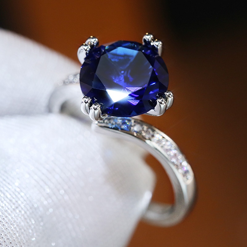 Huitan Luxury Solitaire Band Blue Cubic Zirconia Women Rings Classic Four Claws Female Wedding Party Finger Ring Jewelry: 6