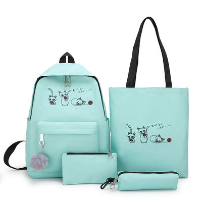 4 stk/sæt skoletaske elev rygsække til piger teenagere kvindelig taske sød tegneserie kat rygsække lærred taske rygsæk: D