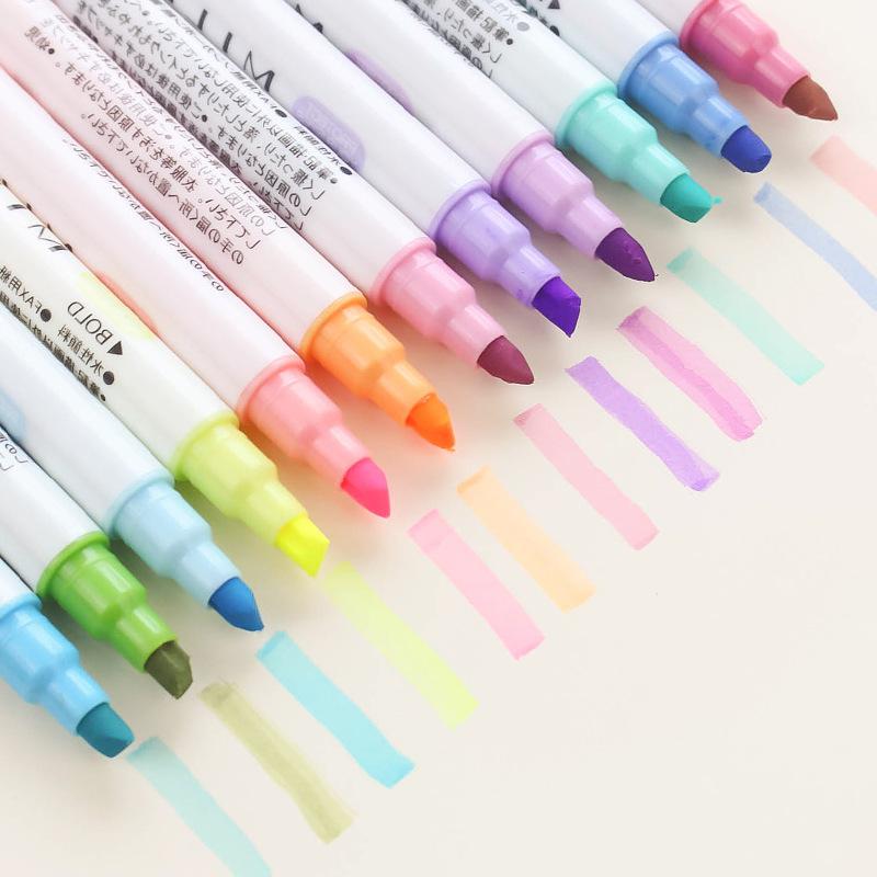 12 Colors Kawaii Mildliner Pens Milkliner Highligher Dual Double Headed Fluorescent Pen Art Drawing Marker Pen Stationery: Default Title