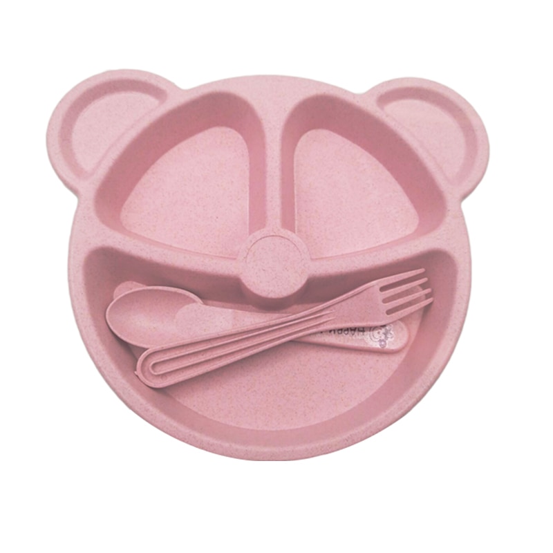 Baby Wheat Straw bowl+spoon+fork Feeding Food Tableware Cartoon Bear Kids Dishes Eating Dinnerware Set Anti Training Plate