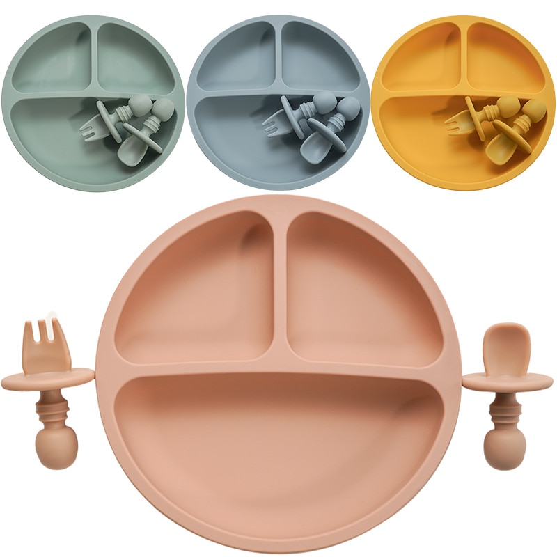 Ensemble d&#39;assiettes en silicone solide, vaisselle d&#39;apprentissage pour bébés, à la , avec fourchette, cuillère, sans BPA