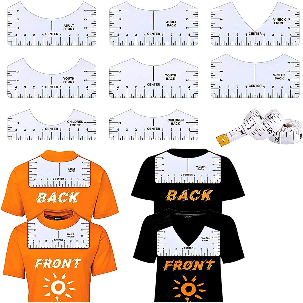 8PCS T-Shirt Ruler Guide Alignment Tool PVC T Shirt Ruler to Center Designs with 1PC 60Inch Tape Measure For Adult Youth Toddler