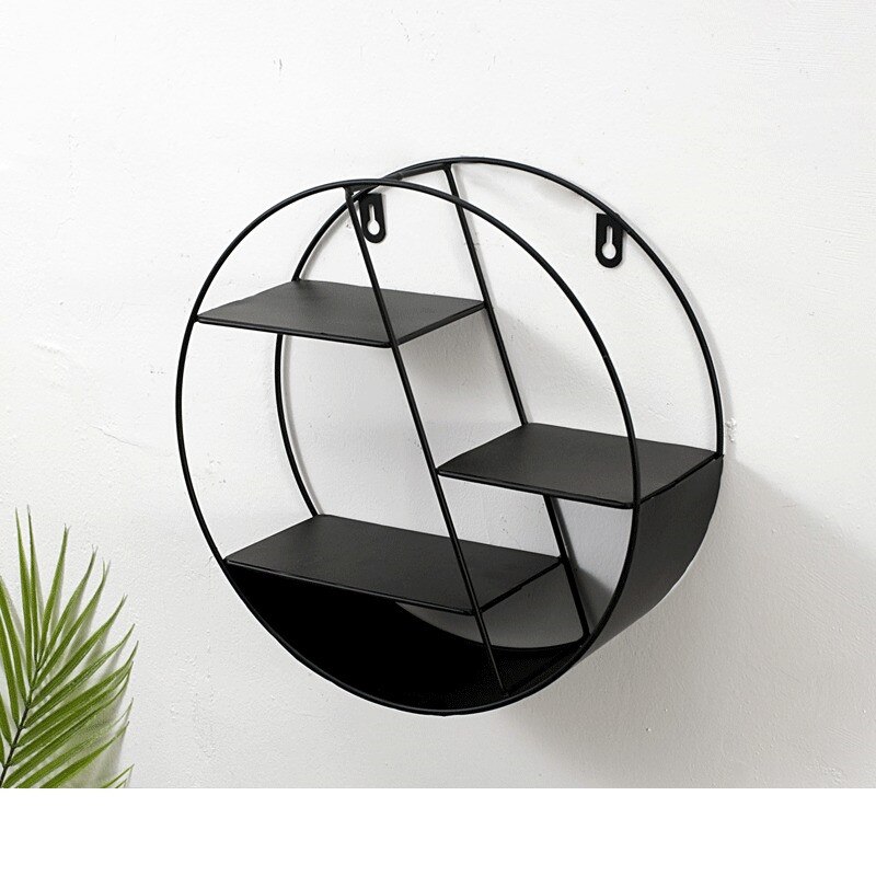 Nordisk stil metal dekorativ hylde rund sekskant opbevaringsholder stativ hylder hjem vægdekoration potte ornament holder stativ: Rund sort