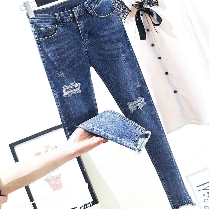 Skinny potloodjeans dames gat blauwe broek katoen gescheurd enkellange blauwe dames jeans broek broek plus size: Blauw / 31