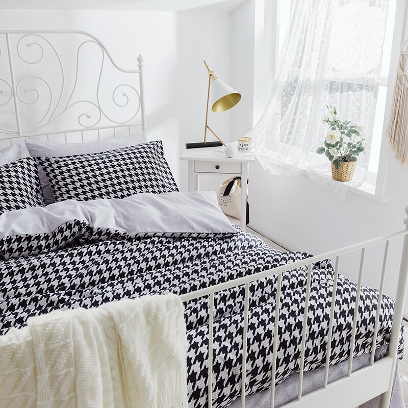 Liv-Esthete Classic Houndstooth Bedding Set Modern Duvet Cover Flat Sheet Pillowcase Double Queen King Bed Linen For Adult
