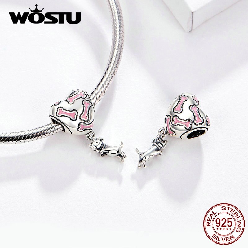 WOSTU Buddy Dog Bone Heart Dangle Charm 100% 925 Sterling Silver Beads Fit Original Bracelet Necklace Silver 925 Jewelry CQC1199