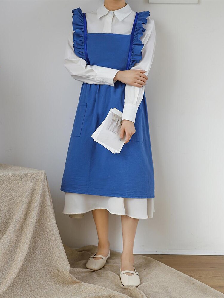 Washed Cotton Linen Kitchen Apron For Cooking Baking Flower Shop Ruffles Work Clean Apron for Woman Uniform Lady Dress: 4
