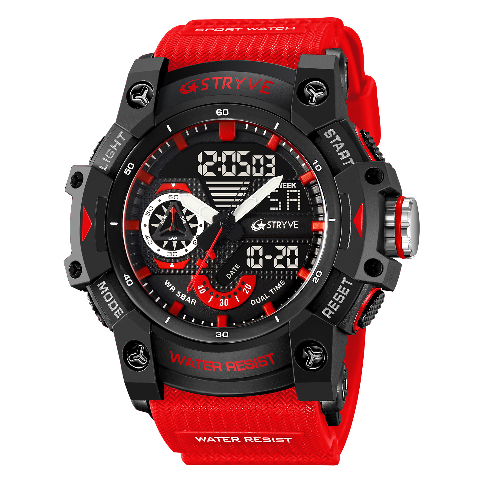 STRYVE Watch 8029 Popular Sports Men's Watch Good Analog-Digital Dual Movement Calendar Luminous Waterproof Watches: Silver