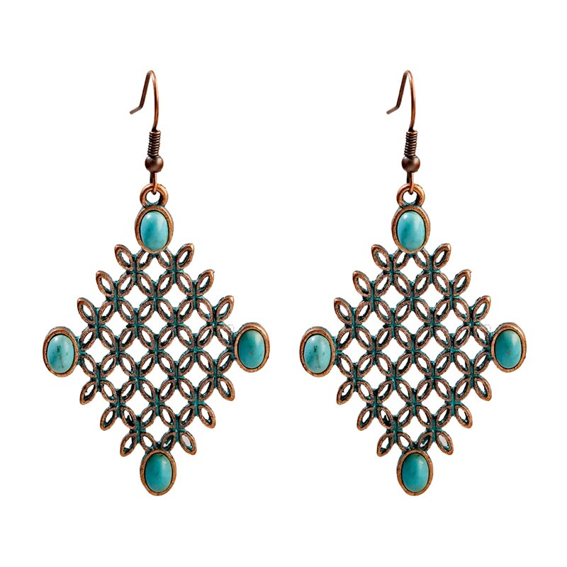 Vintage Retro Rhombus Grid Hollow Geometry Earrings Womens Boho Bohemian Earrings Tibetan Jewelry