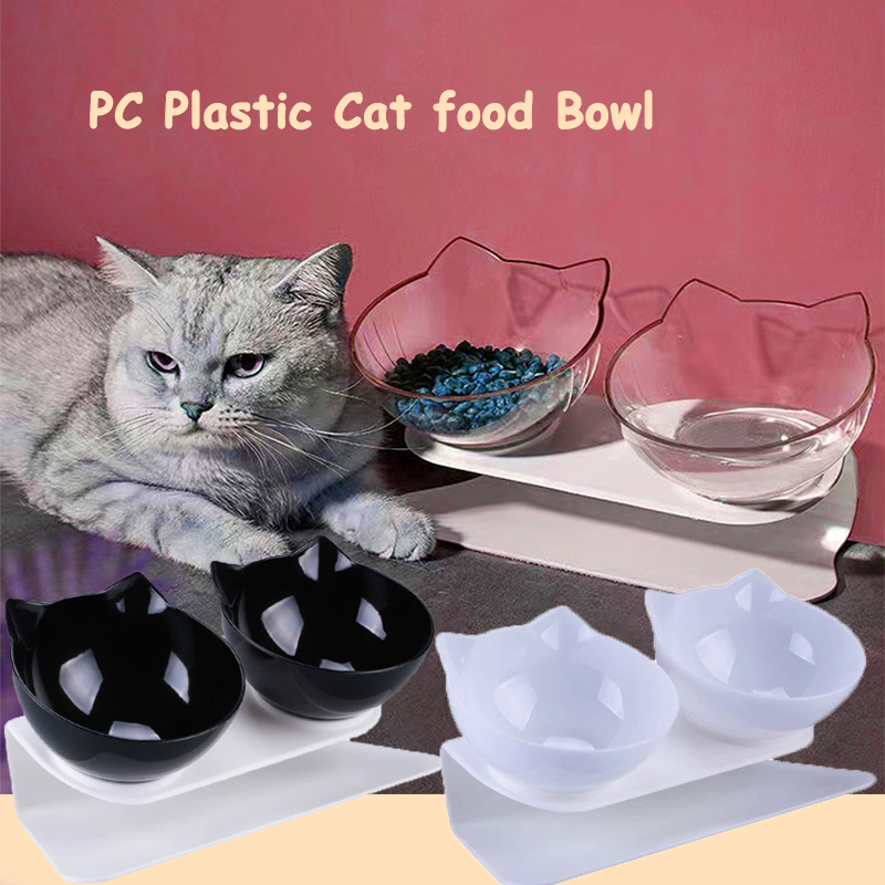 Double Cat Feeding Bowl PC Plastic Cat Shape 2 Cat feeder Container 15 Degree Tilted Pet Inclination Stand Cats Feeding Bowl