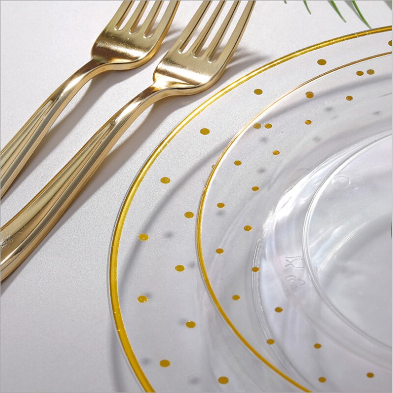 60 stuks/partij bronzing gouden stippen plastic wegwerp servies voor bruiloften, feestjes, plastic bordjes, bekers, gala-feestdecoraties