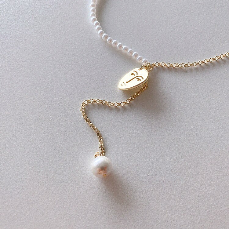 AOMU Korea Retro Metal Temperament Necklace Face Pearl Choker Chain Asymmetric Necklace for Women Jewelry