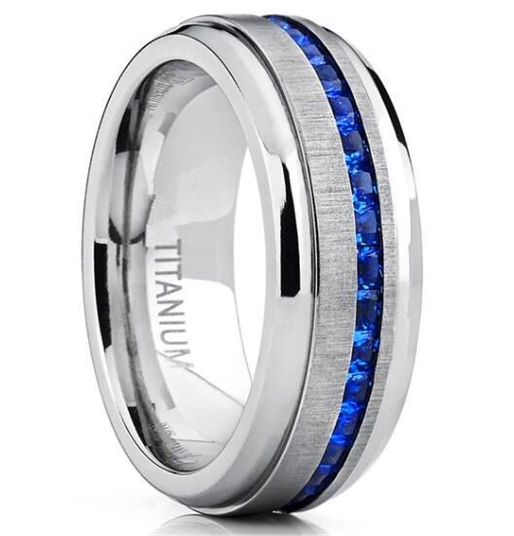 Loredana-Anillo de boda con tiras largas clásicas de 8mm para hombre y mujer, sortija de circón azul, joyería de acero inoxidable 316L: 7