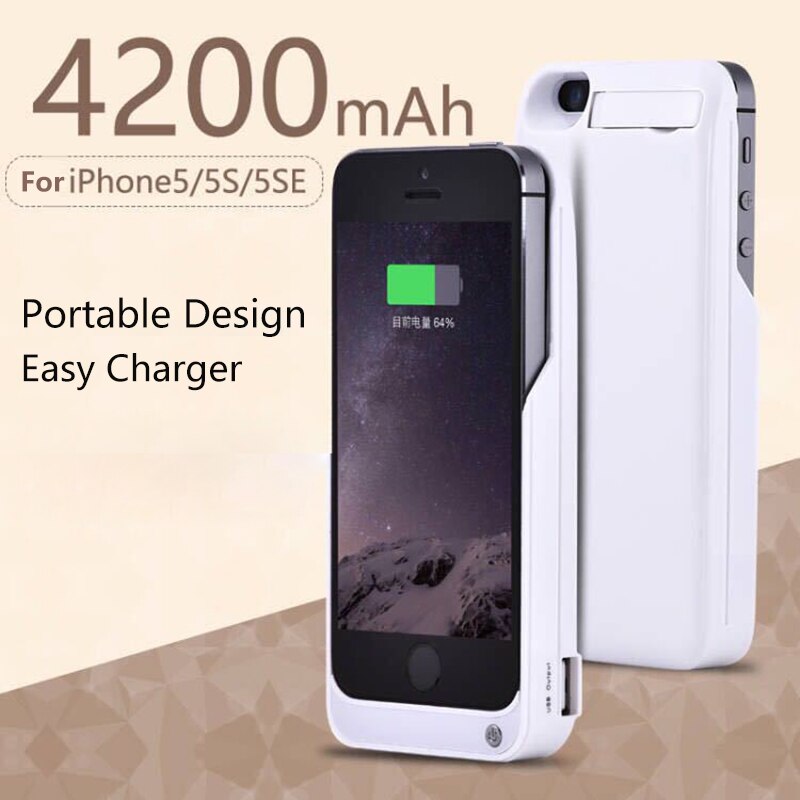 4200 mAh Grotere Capaciteit Telefoon Batterij Case Voor iPhone 5 5 S Externe Batterij Oplader Voor iphone 5 SE battery Backup Case: White