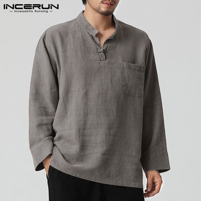 INCERUN Mens Shirt Vintage Long Sleeve V-neck Cotton Linen Men Tops Plus Size Chinese Style Loose Mens Casual Shirts Camisa