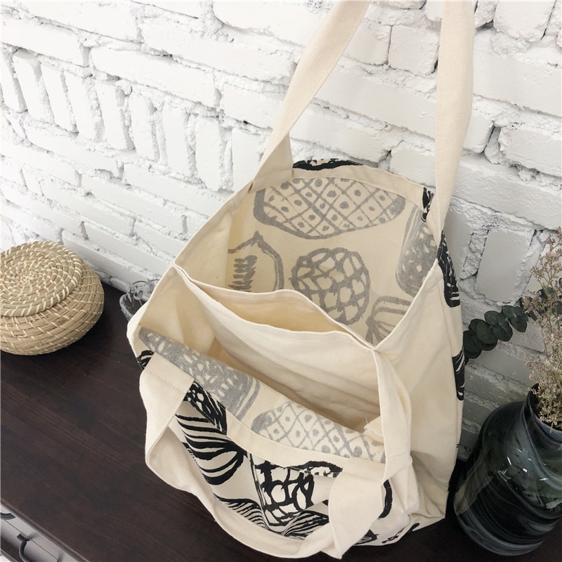 Women Canvas Shoulder Bag Leaf Printing Female Large Capacity Shopping Bag Lady Eco Pure Cotton Beige Handbag Junior Miss Tote