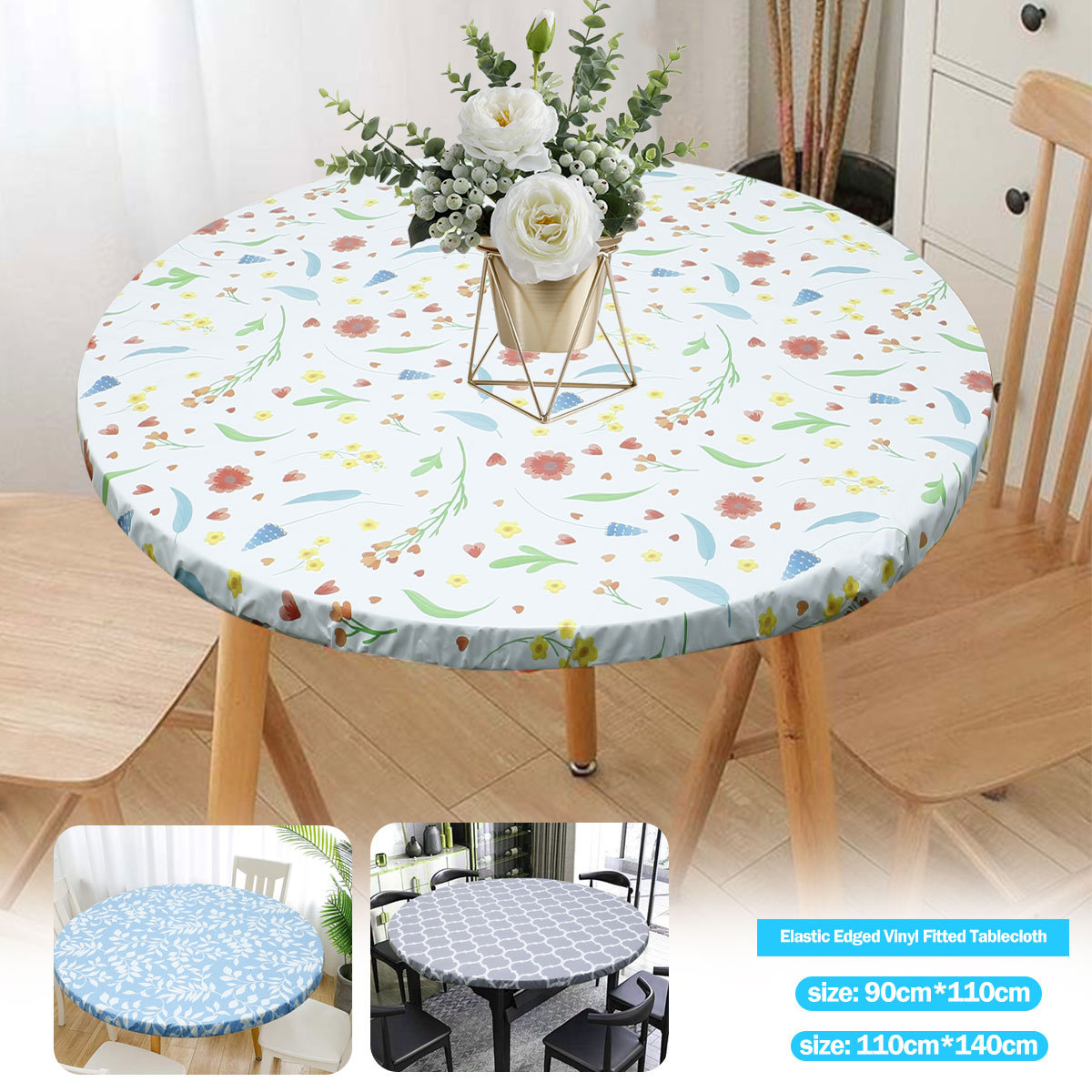 Elastic Edged Vinyl Fitted Tablecloth Flannel Backed & Elastic Edge Table Cover Indoor Outdoor Round Fitted Vinyl Table Cloth