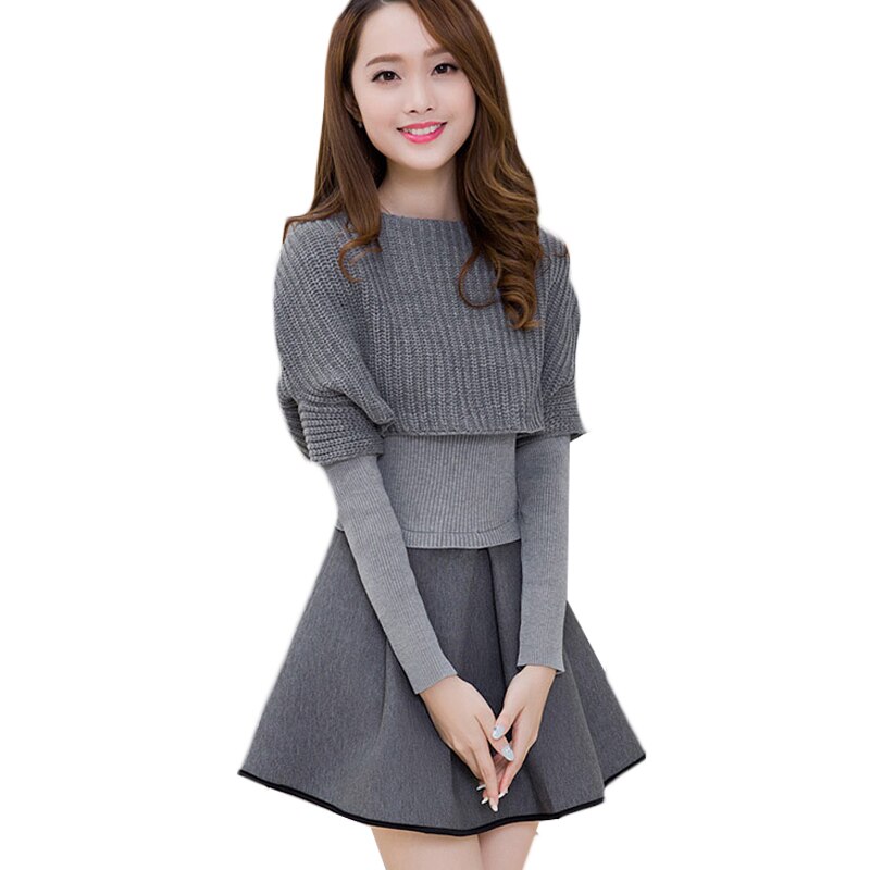 Autumn Winter Women Dress Long Sleeve O-Neck Solid Two Pieces Knitted Sweater Dresses Big Size OL Vestidos 1010