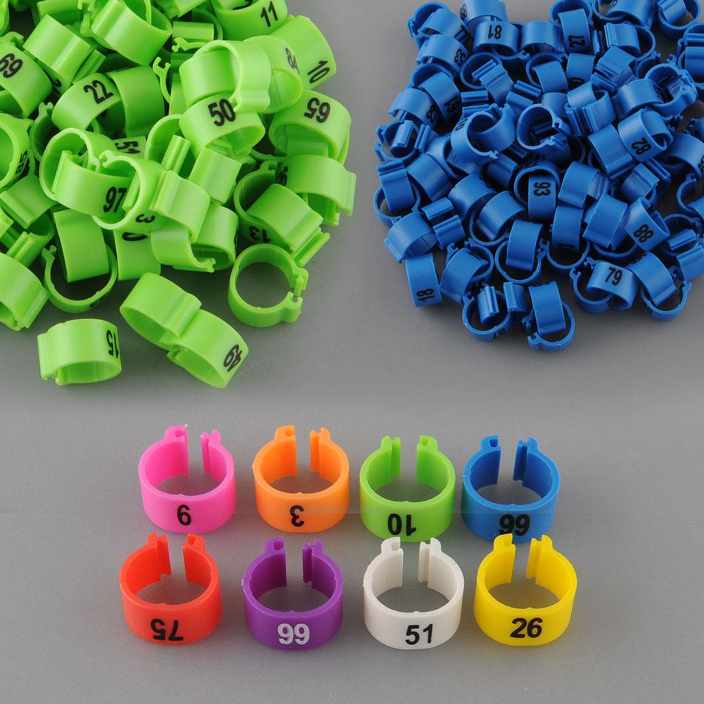 Anillos Clip bandas para las piernas púrpura 100 Uds aves pájaro pato Gadget mascota Suministros 1-100 numerado gallina paloma pollitos mascotas 10,5mm loro