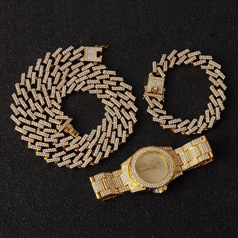 Hüfte hüpfen Halskette + Uhr + Armbinde Bling vereist aus Miami Zirkon Kubanischen Zinke Gepflasterte Strass Armbinde Halskette Für Männer schmuck: Gold 3Stck einstellen