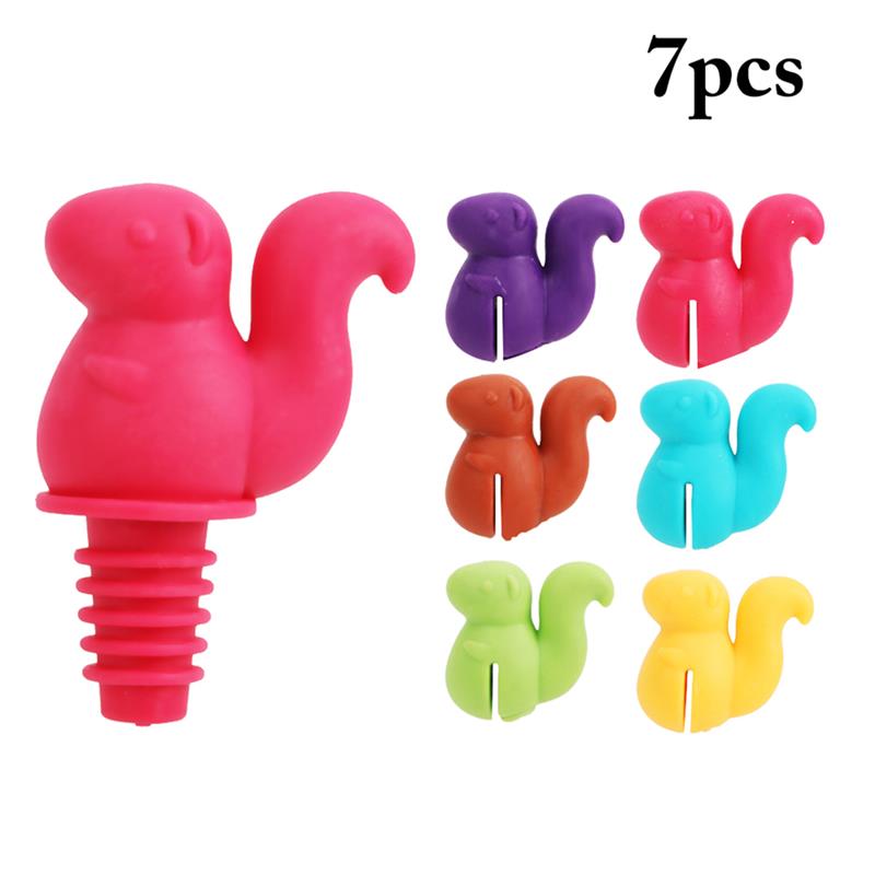 1 Pc Wijn Stop Lekkage-Proof Eekhoorn Flessenstop Met 6 Pcs Wine Glass Charm Bar Accessoires Gereedschap willekeurige Kleur