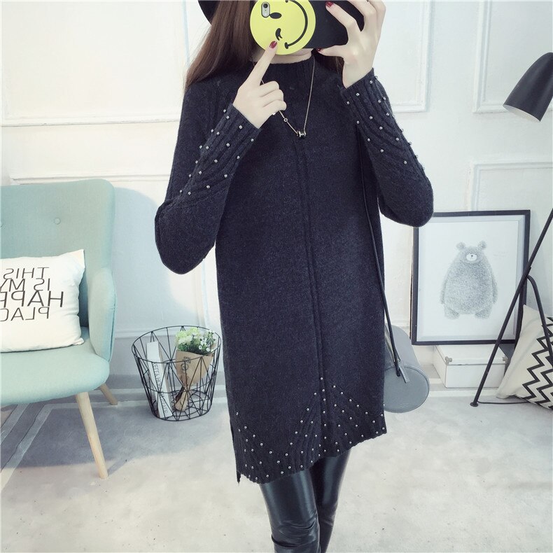 Women's Knitted Wool Dress Winter Turtleneck Beading Split Slim Thicken Medium Long Sweater Tops Female