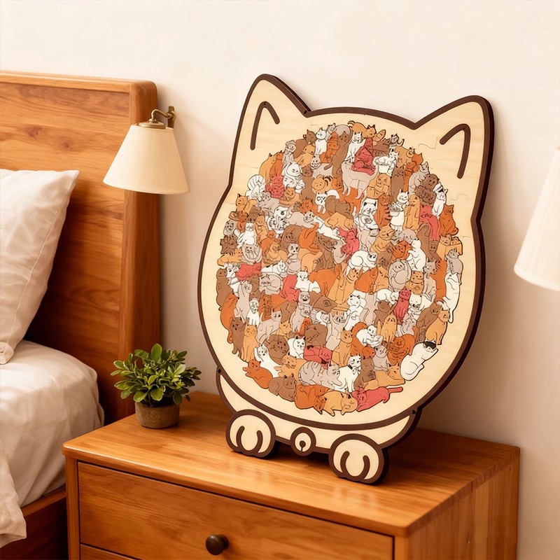 Colored Cat Shaped Wooden Jigsaw Puzzle, Cats Shaped Wooden Puzzle, Unique Animal Shape Wood Puzzle, for Cats Lov