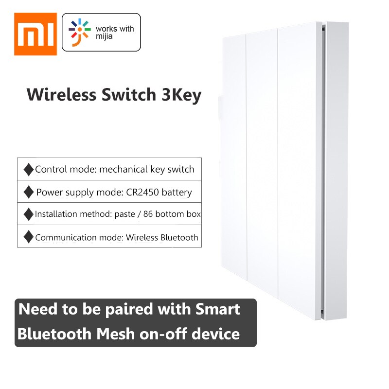 Xiaomi Mijia APP Smart Bluetooth Mesh On-Off device Smart Remote Control Light Switch No Line Modification With Timing Function: Wireless 3Key