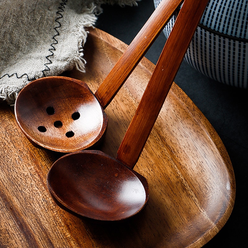 6 Stuks Houten Lepels Japanse Ramen Noodle Soep Lepel Pollepel Lange Steel Houten Lepel Set Keuken Serveren Zeef Lepel Servies