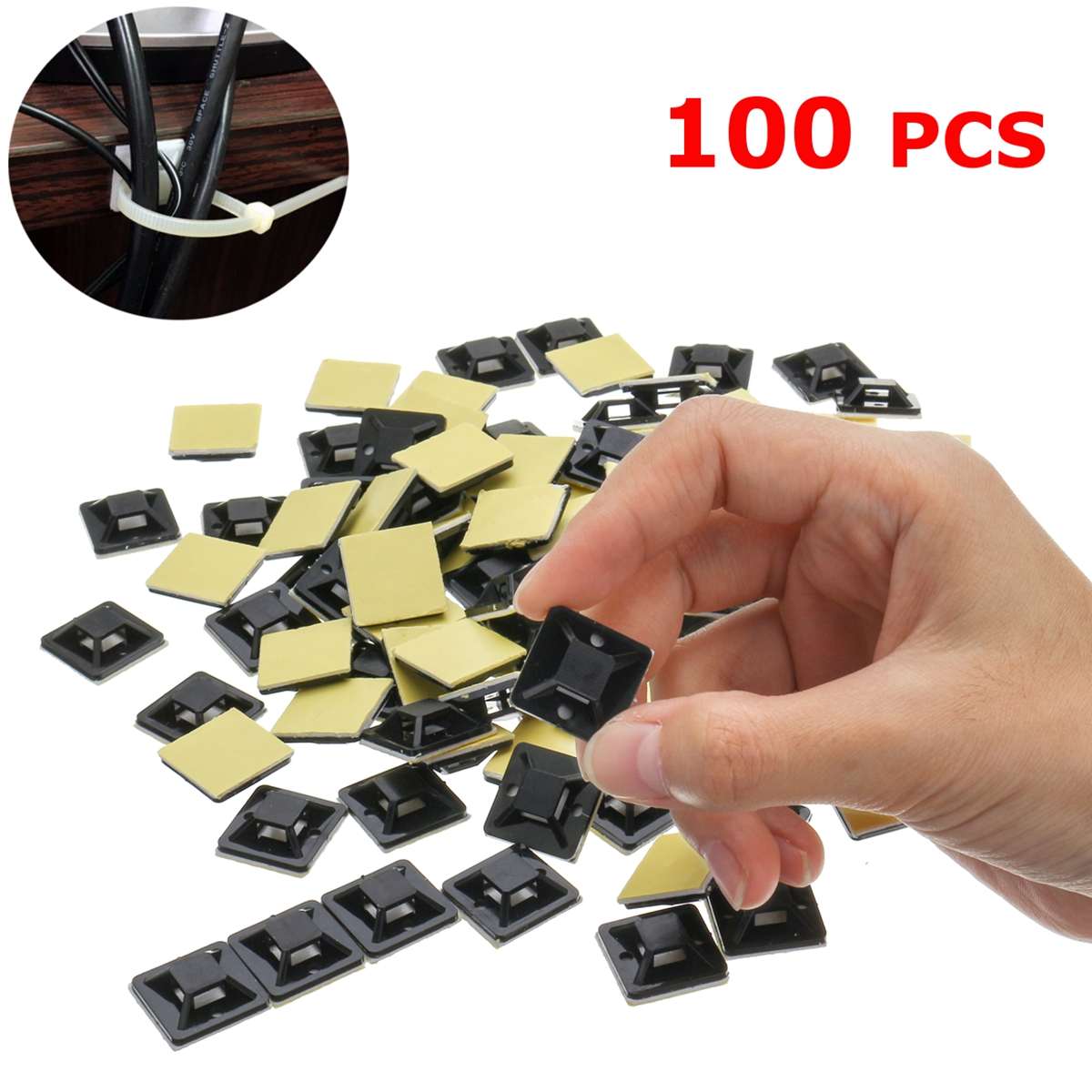 200PCS 100Pcs 20x20mm Self Adhesive Stick-on Mounts For Cable Ties / Routing Looms Wire & Cable Base Clamps Clip Black White: 100pcs Black